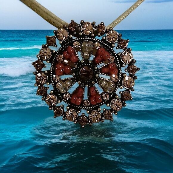 Y2K Rhinestone Disc Necklace Bohemian Cord Whimsigoth Fairy Coquette Lia Sophia - Picture 1 of 16